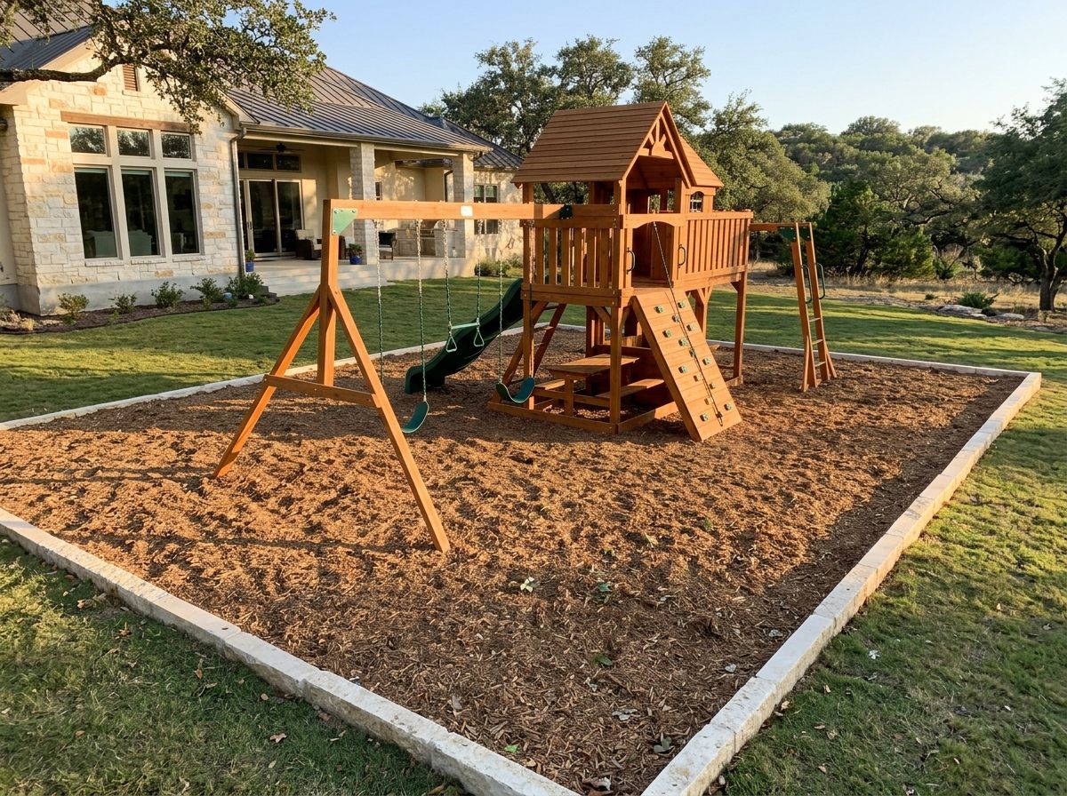 Certified Playground Mulch ground cover spread in a thick, even layer of reddish-brown wood chips.