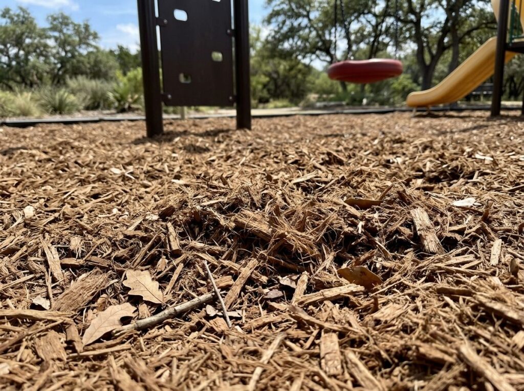 Certified Playground Mulch ground cover piled in a neat mound, showing dark brown shredded wood texture.