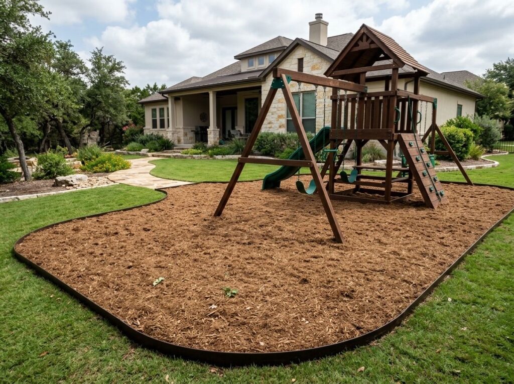 Certified Playground Mulch ground cover piled in a neat mound, showing fibrous brown wood chips texture.