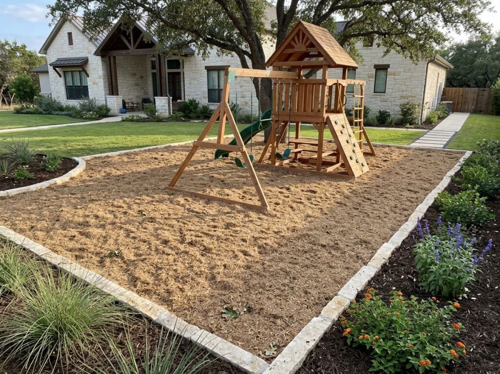 Certified Playground Mulch ground cover in rich brown, fibrous chunks spread evenly for a safe play surface.