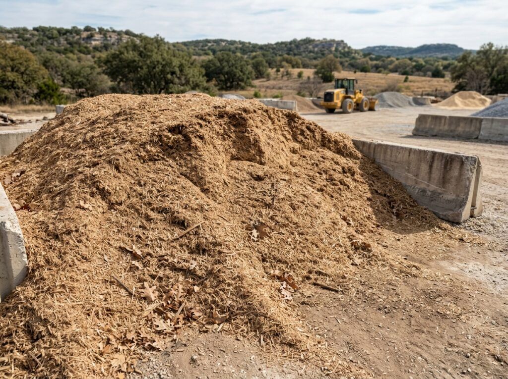 Certified Playground Mulch ground cover in a neat pile, showing dark brown shredded wood texture.