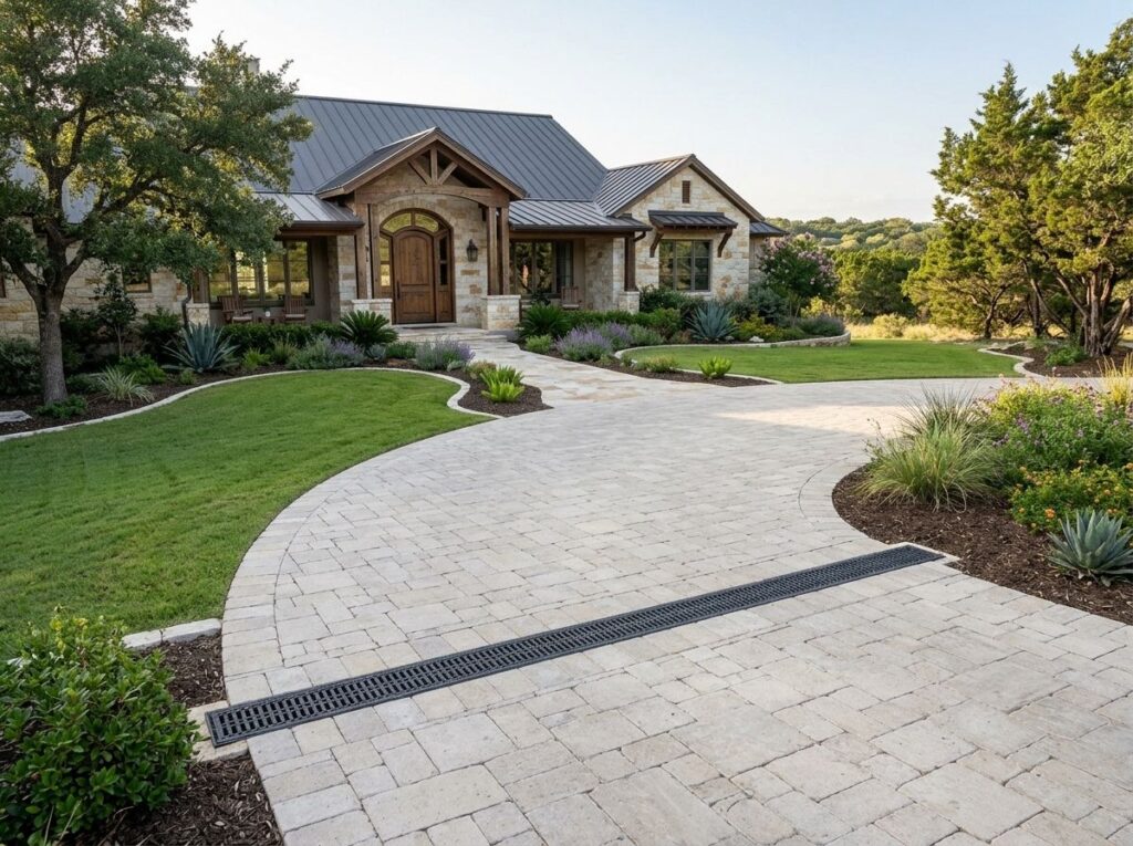Channel Drain System drainage trench with metal grate set in concrete along patio edge.