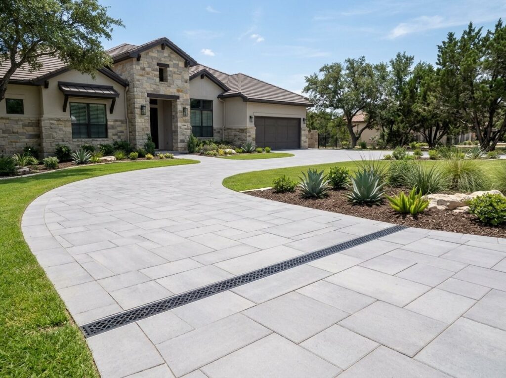 Channel Drain System drainage installed along concrete patio edge with metal grate to divert surface runoff.