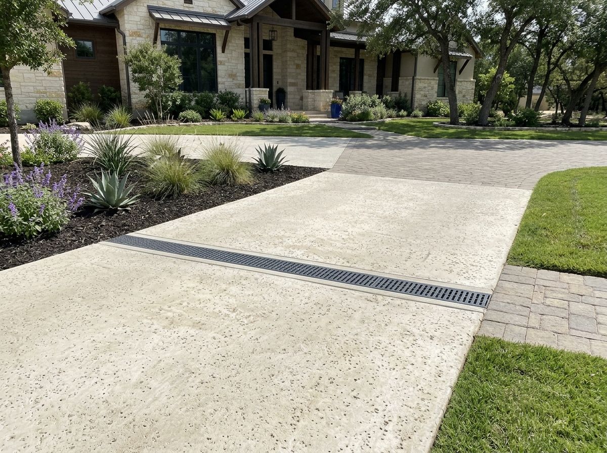 channel drain system drainage grate set in concrete along driveway edge, collecting surface runoff on slight slope.