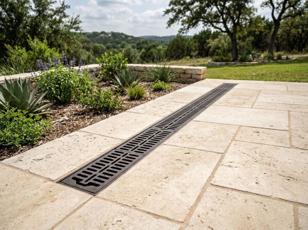 Channel Drain System drainage trench with metal grate set in concrete along driveway edge, slight slope to outlet.