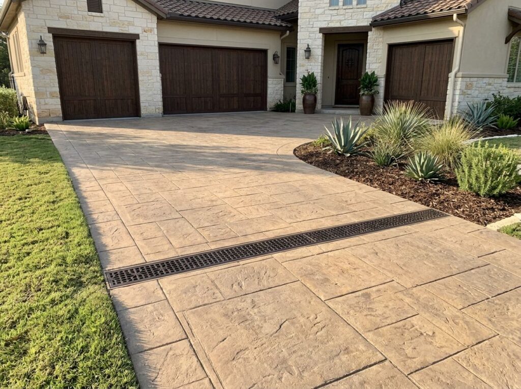Channel Drain System drainage installed along concrete patio edge with metal grate to carry surface water away.