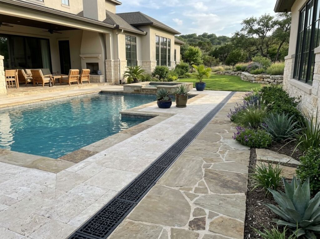 Channel Drain System drainage grate set in concrete along patio edge to capture surface runoff.