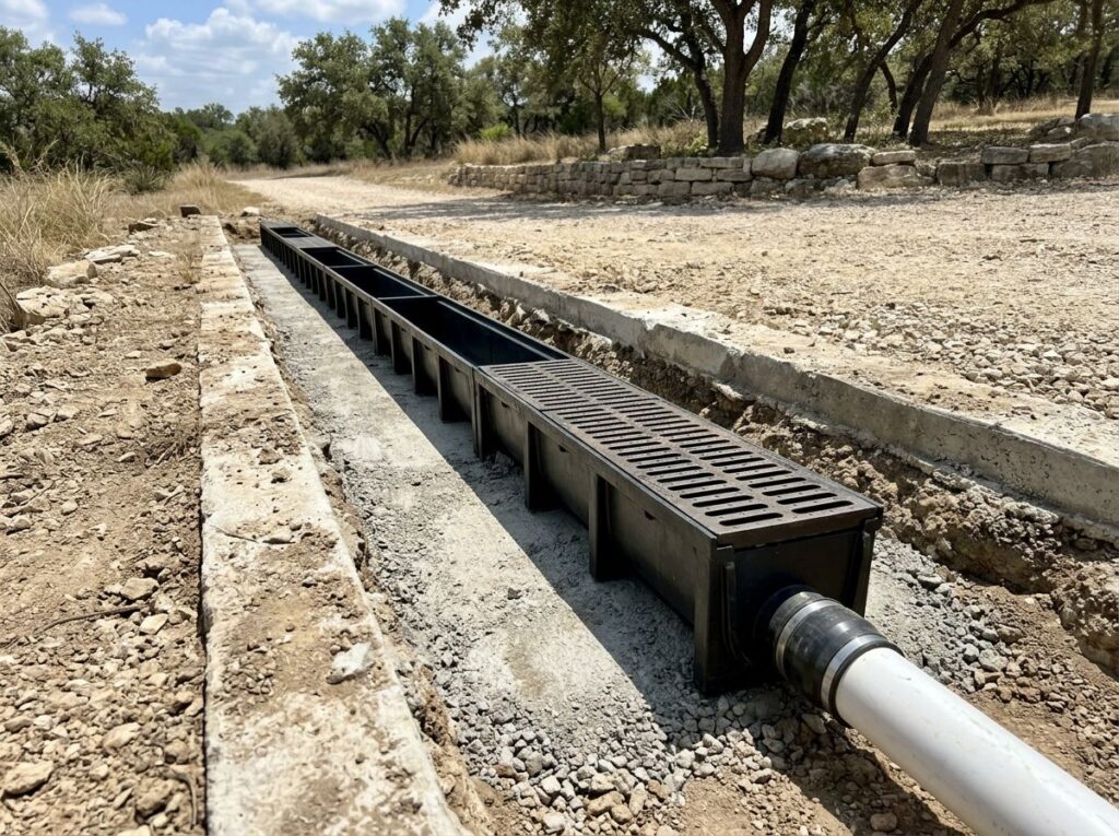 Channel Drain System drainage trench with metal grate set in concrete along patio edge for runoff control.