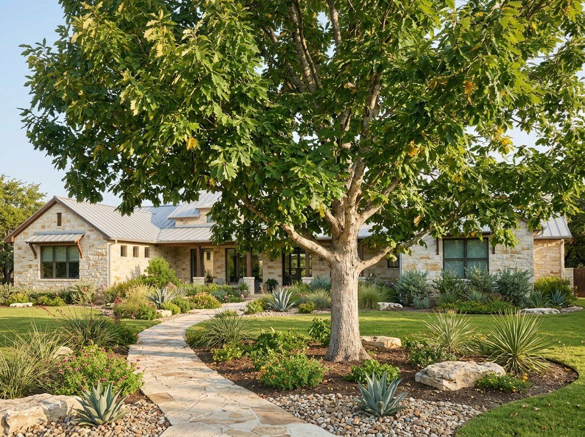 Chinquapin Oak tree with broad green canopy and sturdy trunk, shown as a full-grown specimen on white background.