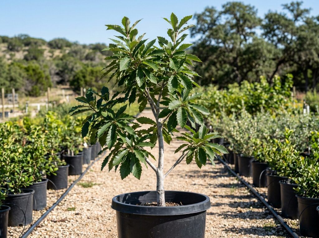Chinquapin Oak tree with dense green foliage and a straight trunk, shown as a young landscape specimen.