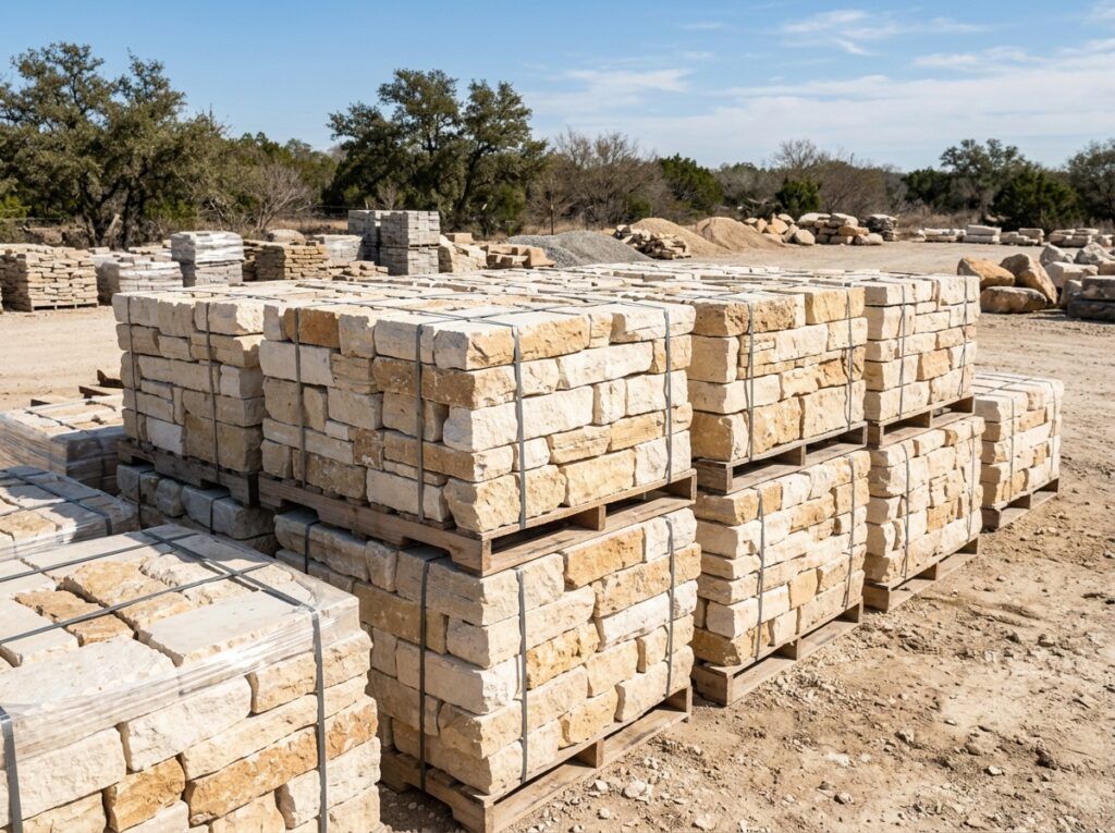 Chopped Limestone Wall Stone retaining wall built from stacked limestone blocks with a smooth cap along a sloped yard.