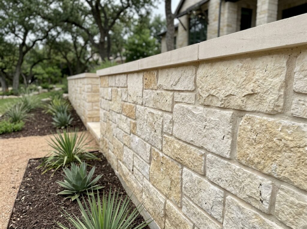 Chopped Limestone Wall Stone retaining wall with rough-cut limestone blocks stacked in staggered courses.