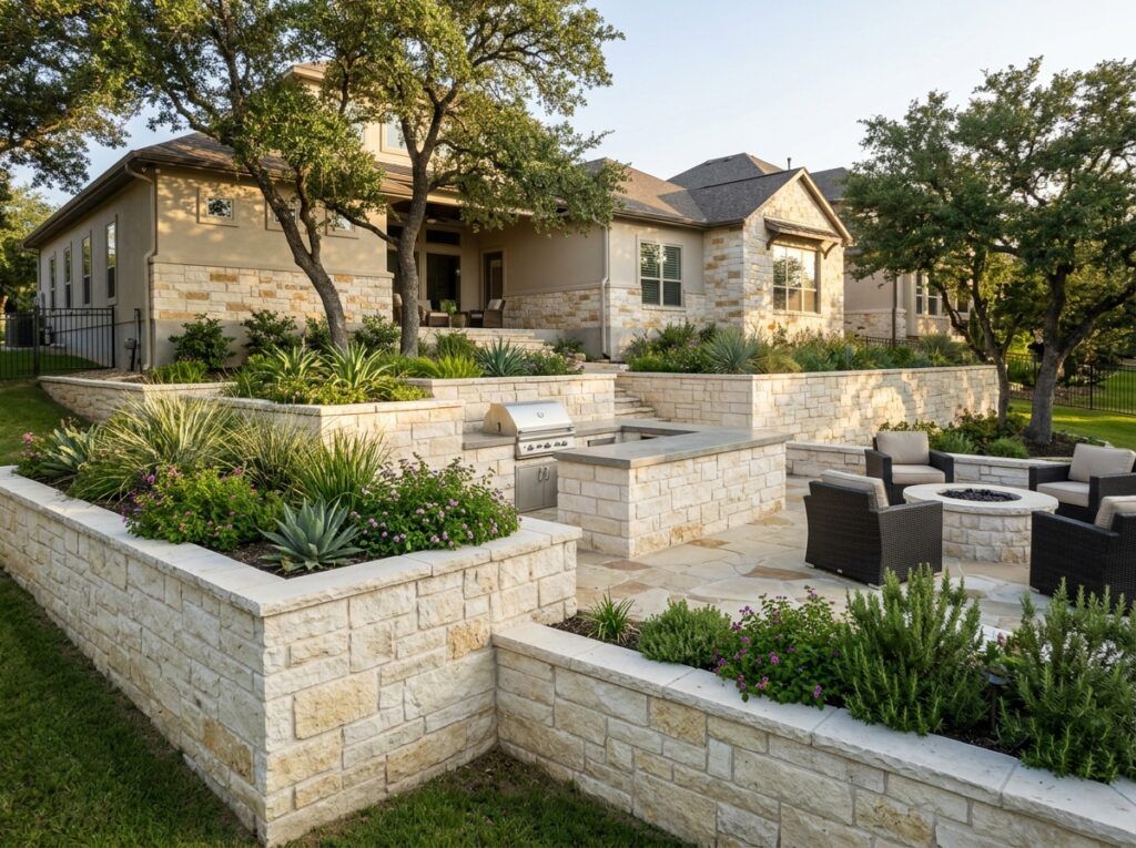 Chopped Limestone Wall Stone retaining wall with stacked, rough-cut limestone blocks forming a terraced garden edge.