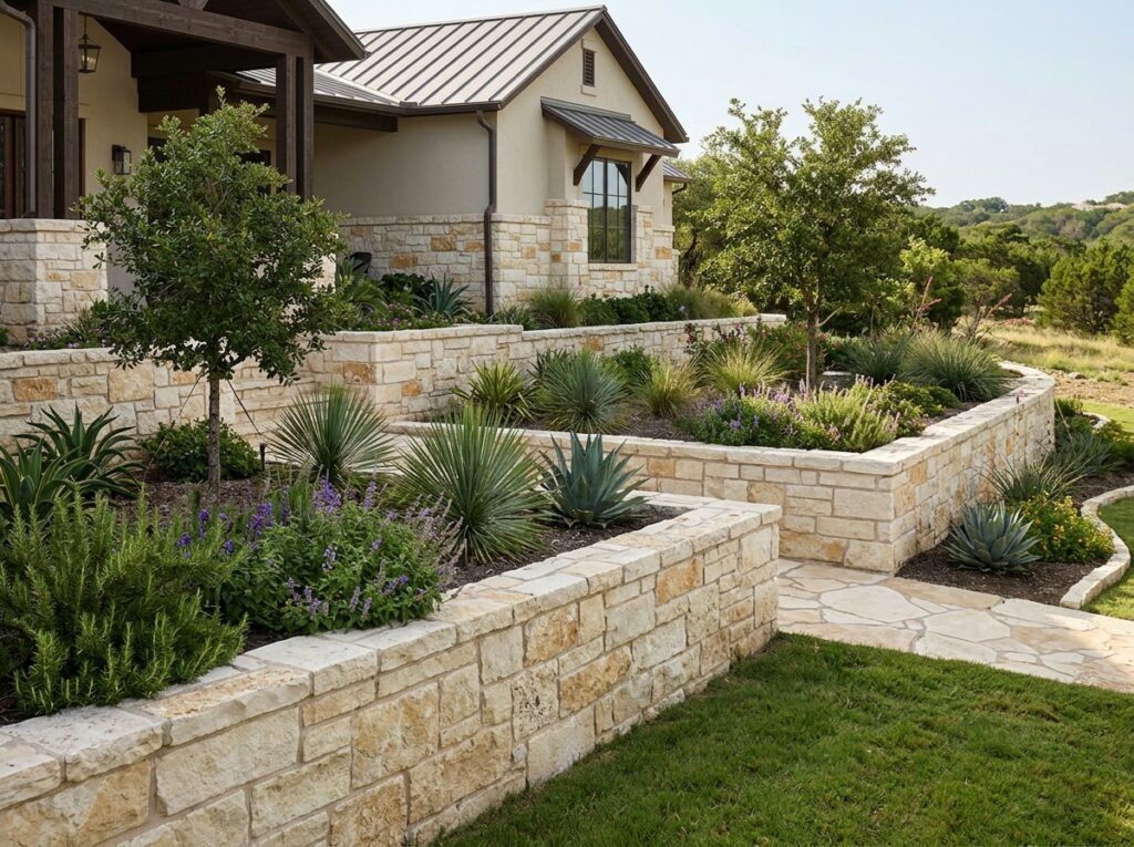 Chopped Limestone Wall Stone retaining wall with stacked chopped limestone blocks forming a terraced wall along landscaping.