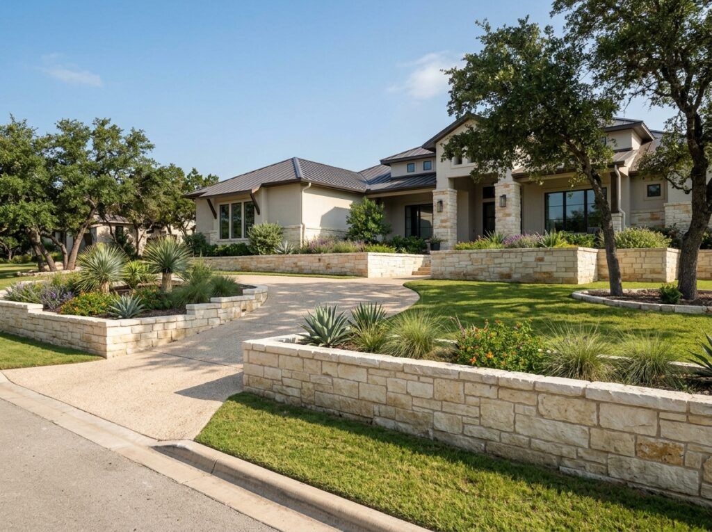 Chopped Limestone Wall Stone retaining wall of stacked chopped limestone blocks with rough natural finish and cap stones.
