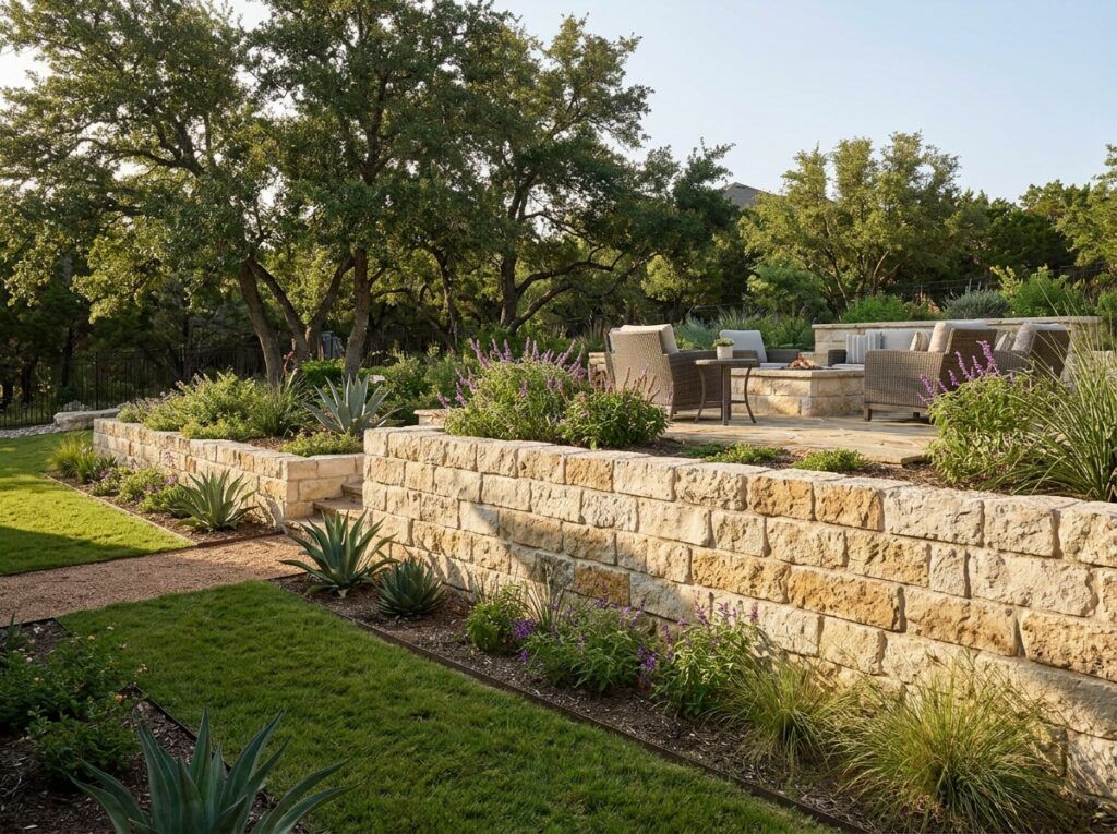 Chopped Limestone Wall Stone retaining wall with stacked limestone blocks and smooth cap along landscape edge.