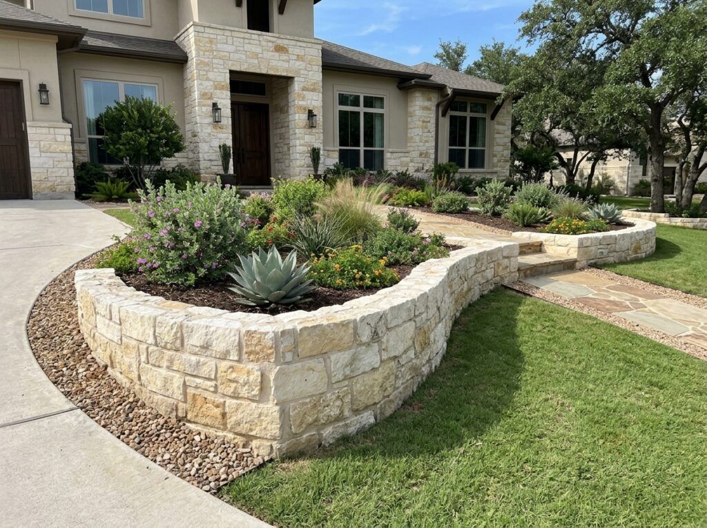 Chopped Limestone Wall Stone retaining wall with rough-cut limestone blocks stacked in a tight, dry-laid course.