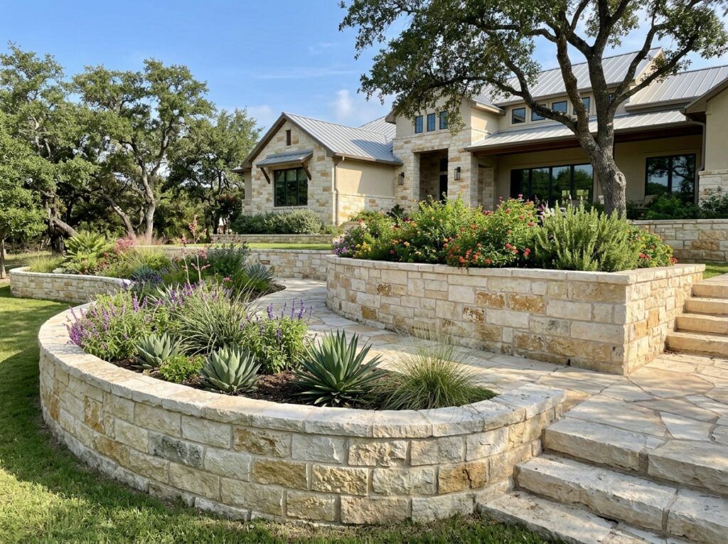 Chopped Limestone Wall Stone retaining wall with stacked chopped limestone blocks forming a terraced curve with cap stones.