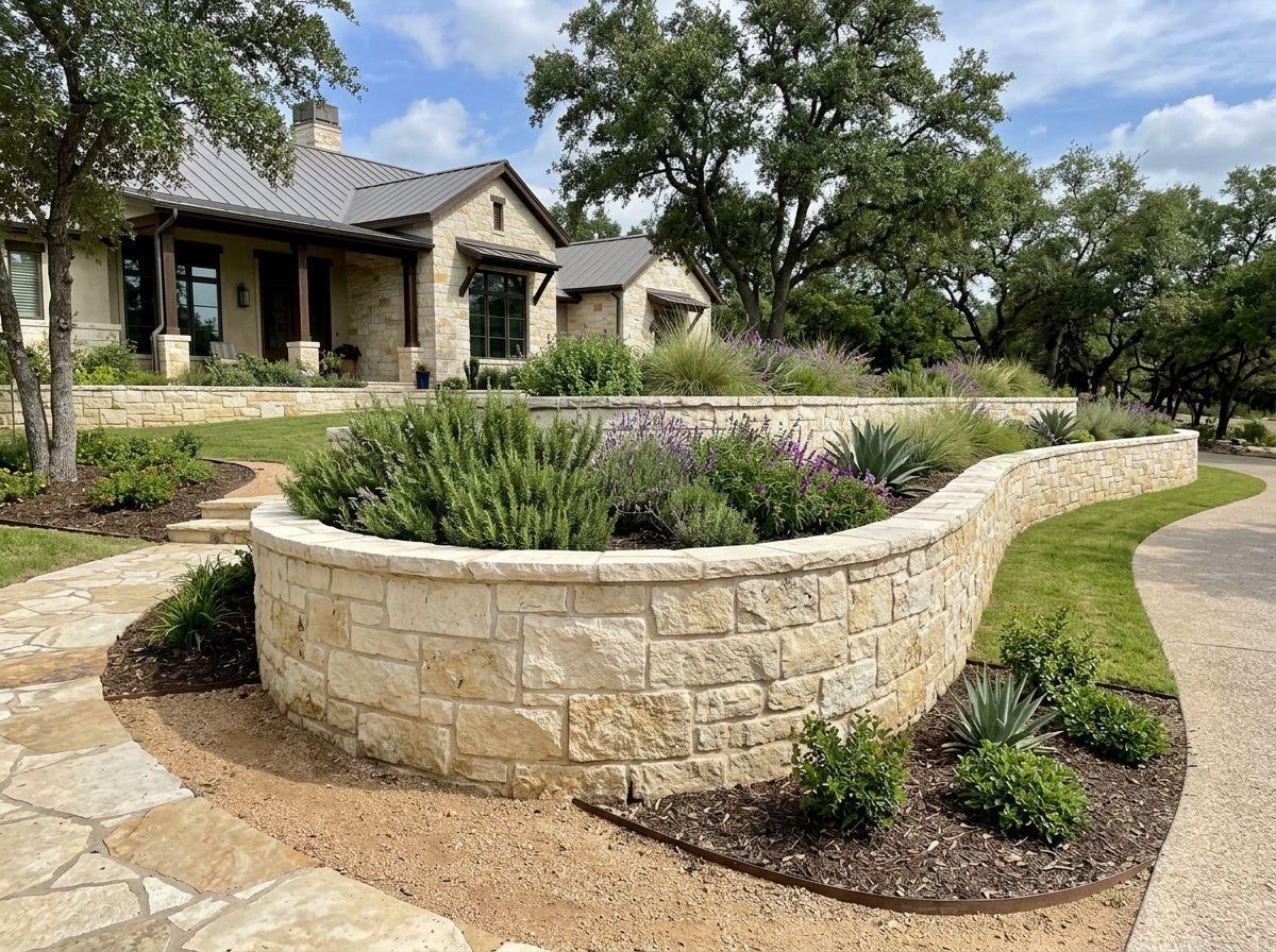 Chopped Limestone Wall Stone retaining wall with rough-cut limestone blocks stacked dry with cap stones along slope.