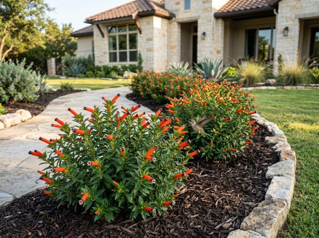 Cigar Plant in a nursery pot with dense green foliage and orange tubular flowers in bloom.