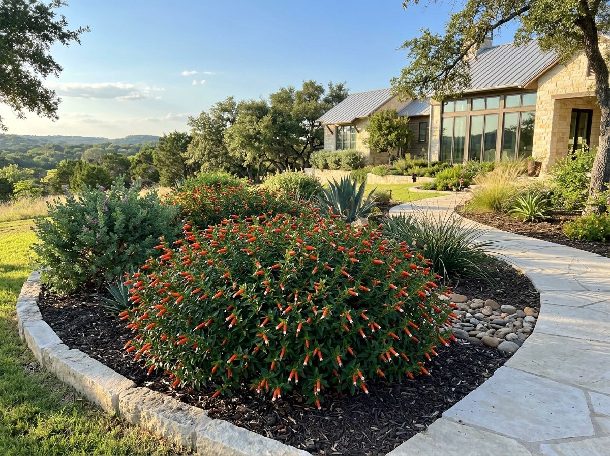 Cigar Plant with orange tubular flowers and lush green foliage in a garden bed.