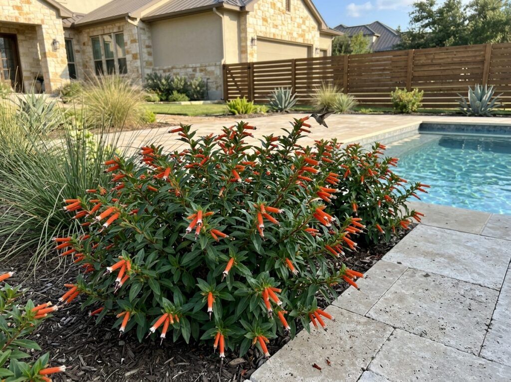 Cigar Plant perennial with red-orange tubular flowers and dense green foliage in a garden bed.
