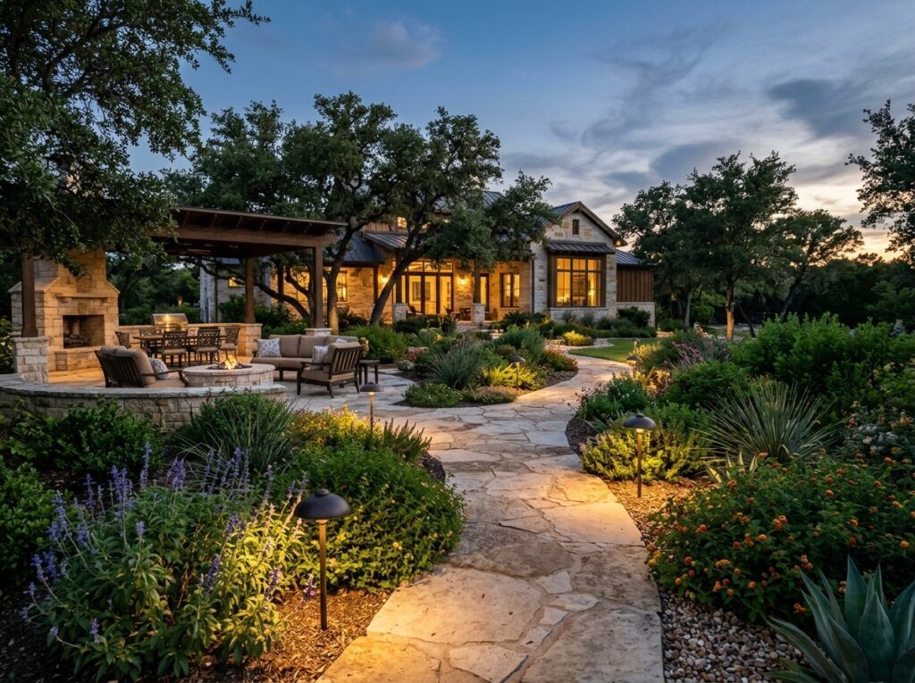 Classic Path Light path fixture in black finish casts warm light along a walkway for landscape lighting.