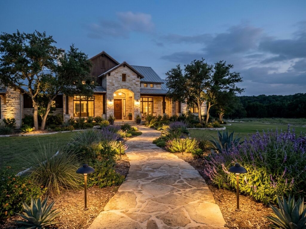 Classic Path Light path light landscape lighting along garden walkway, bronze fixture casting warm downlight.