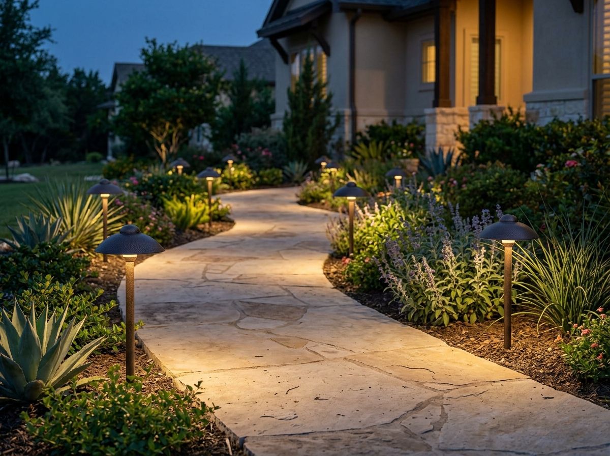 Classic Path Light landscape lighting fixture along walkway, black metal hat-style light casting warm downward glow.
