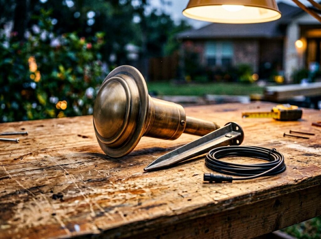 Classic Path Light landscape lighting fixture in black finish on a stake, casting downward glow along a walkway.
