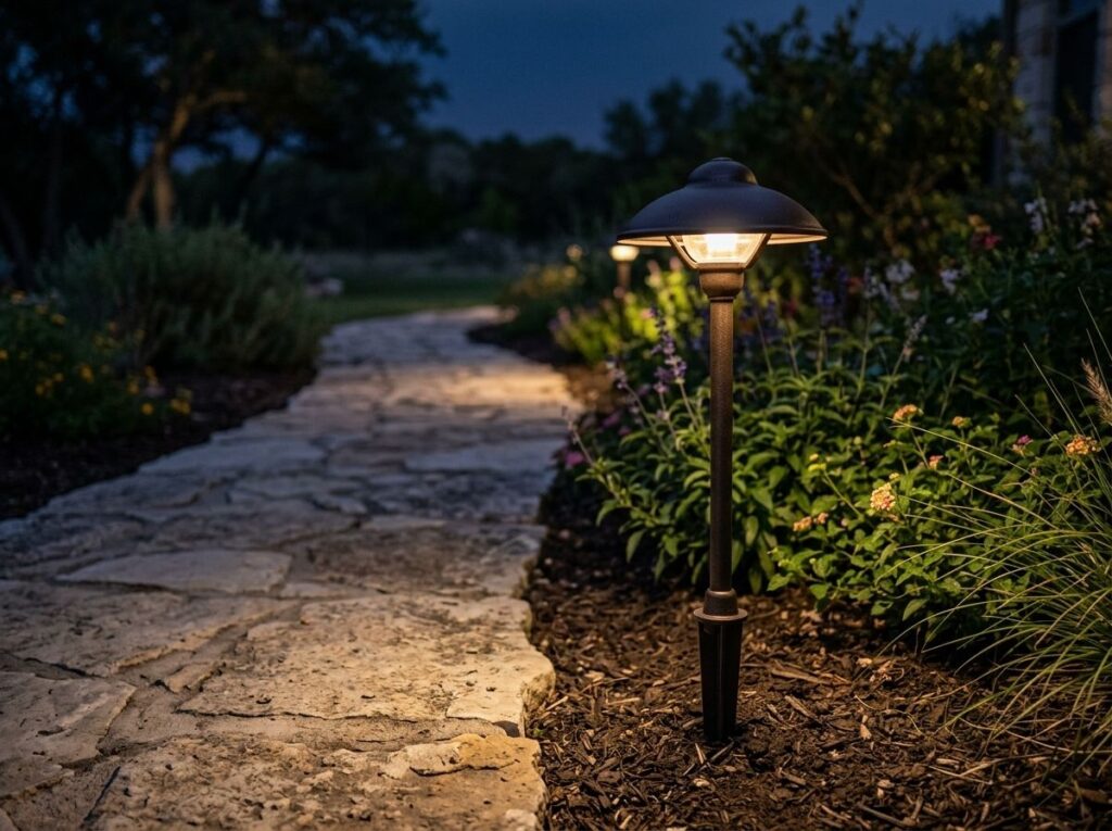 Classic Path Light path landscape lighting fixture with black metal hood on a ground stake casting light downward.