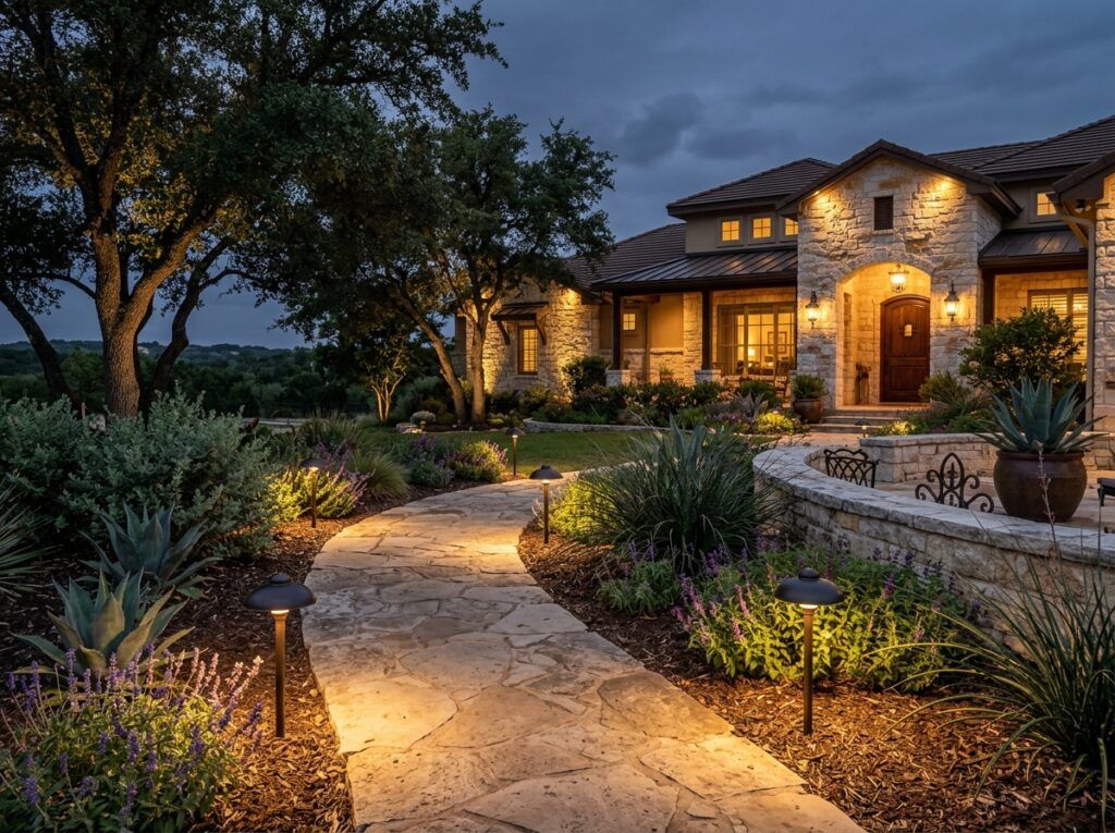 Classic Path Light landscape lighting installed beside a garden walkway, casting a warm downlight from black fixture.