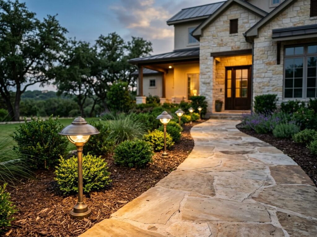 Classic Path Light pathway landscape lighting fixture on stake, black finish, casting light downward along path.