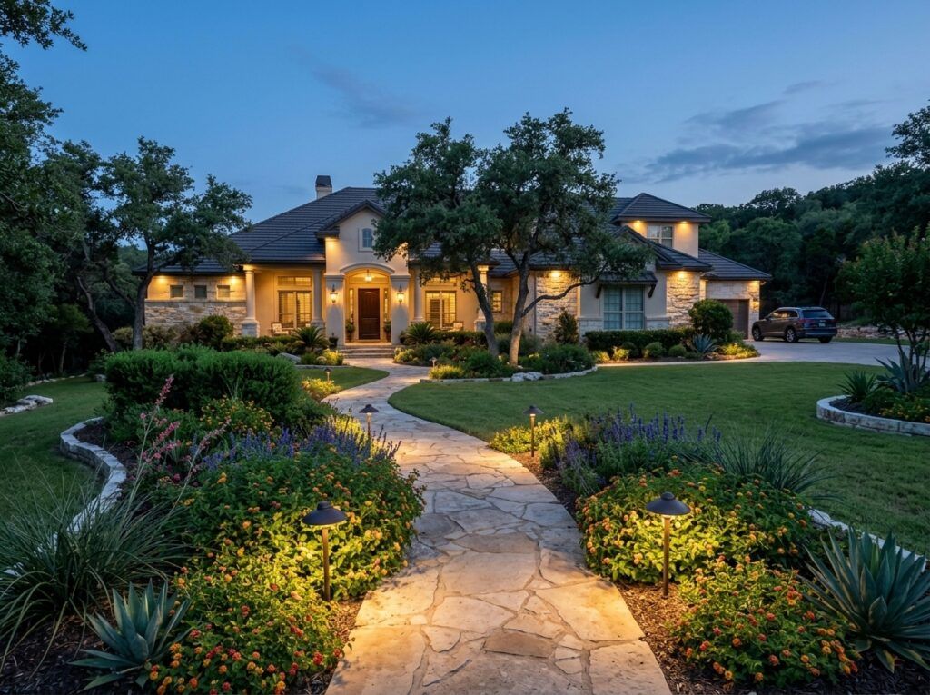 Classic Path Light pathway light in bronze finish illuminates a garden walkway as landscape lighting.