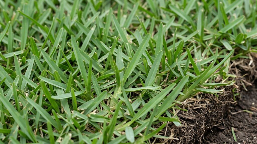Close-up of St Augustine Del Mar sod with dense green blades and visible thatch, freshly laid for a lawn.