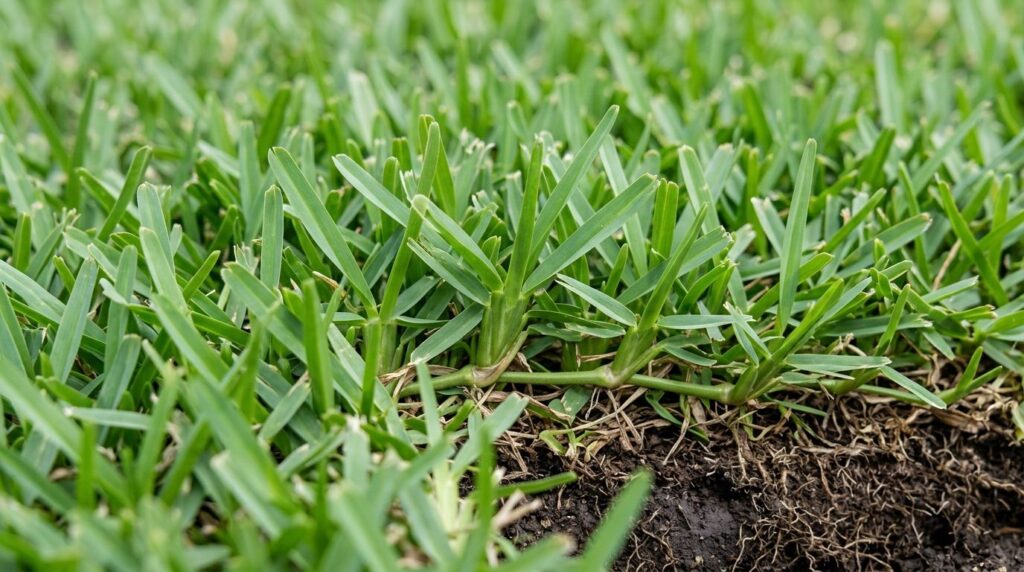 Close-up of St Augustine Palmetto sod showing dense green blades and thick turf texture.