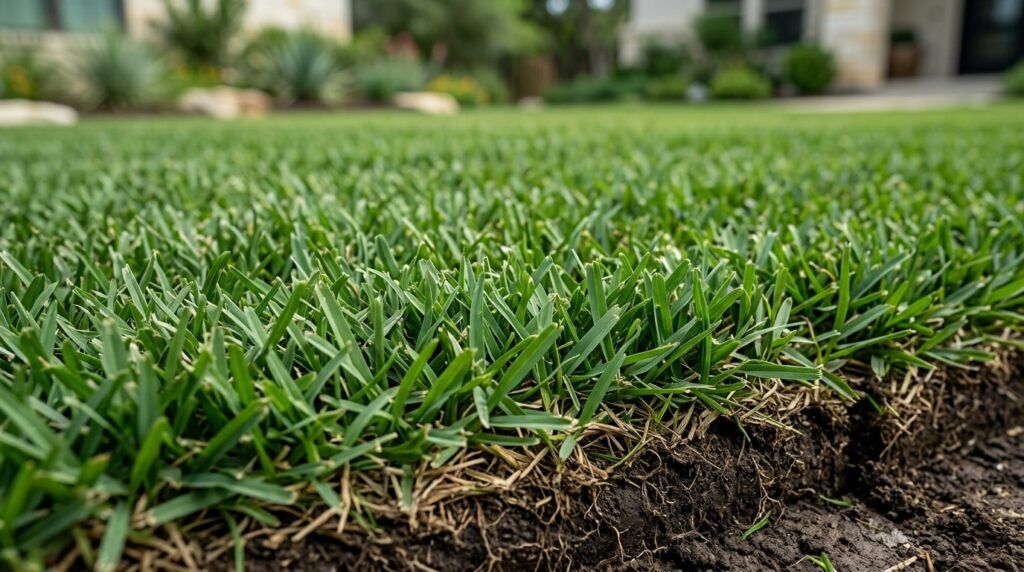 Close-up of Zoysia Jamur sod showing dense green blades and thick thatch in a freshly cut piece.