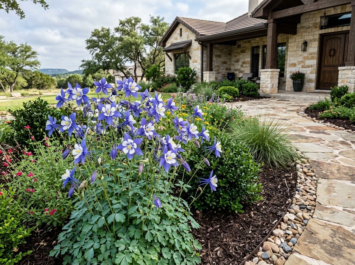 Colorado Blue Columbine perennial with blue-and-white star-shaped flowers and delicate green foliage in bloom.