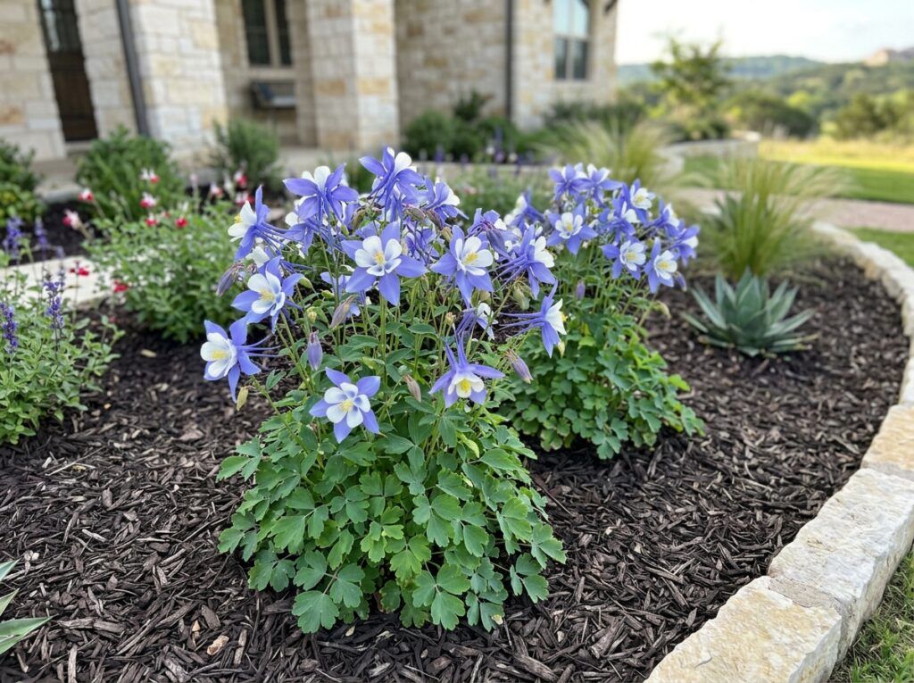 Colorado Blue Columbine perennial with blue and white blooms and lacy green foliage in a container.