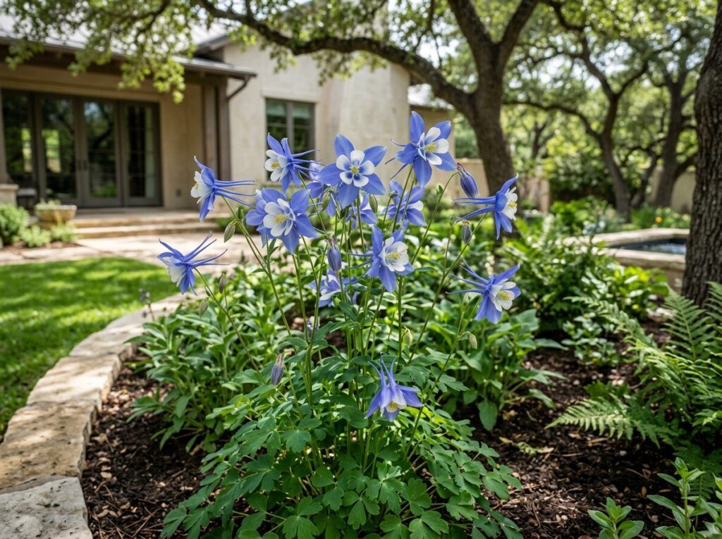 Colorado Blue Columbine perennial with blue and white nodding flowers and green foliage in bloom.
