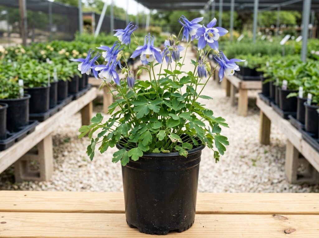Colorado Blue Columbine perennial with nodding blue and white flowers and ferny green foliage.
