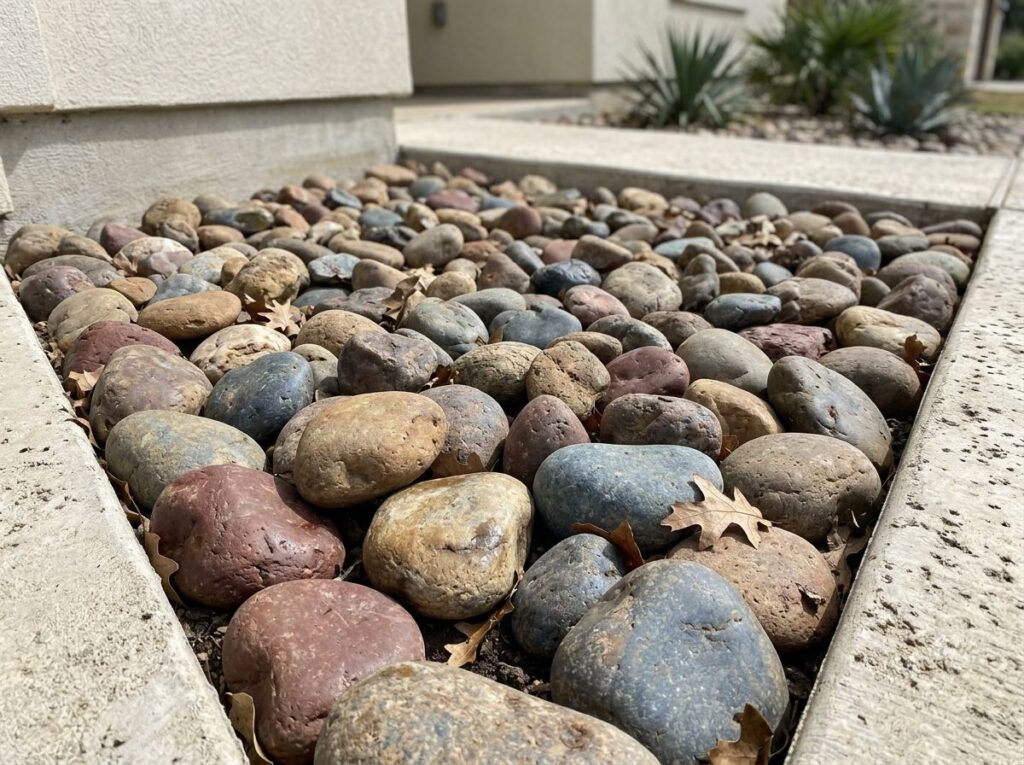 Colorado Bullrock ground cover of rounded tan and gray stones spread in a landscaped bed.