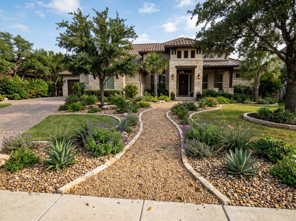 Colorado Pea Gravel ground cover of small rounded tan stones spread in a landscaped bed.