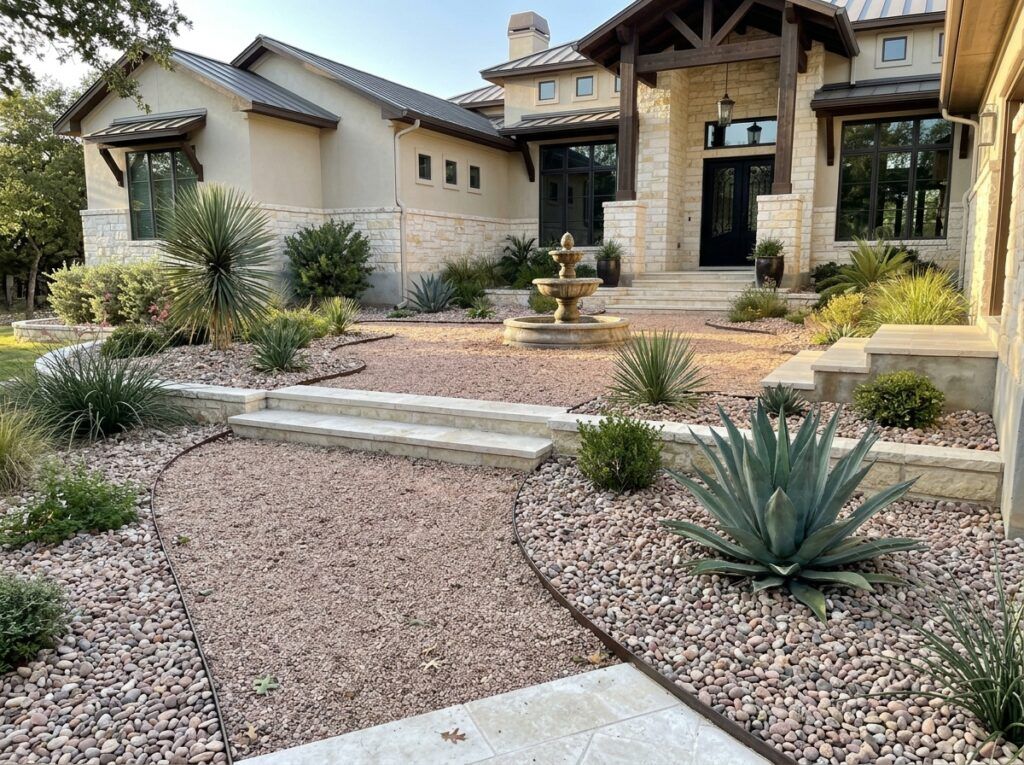 Colorado Pea Gravel ground cover spread as small tan and gray stones around landscaping plants.