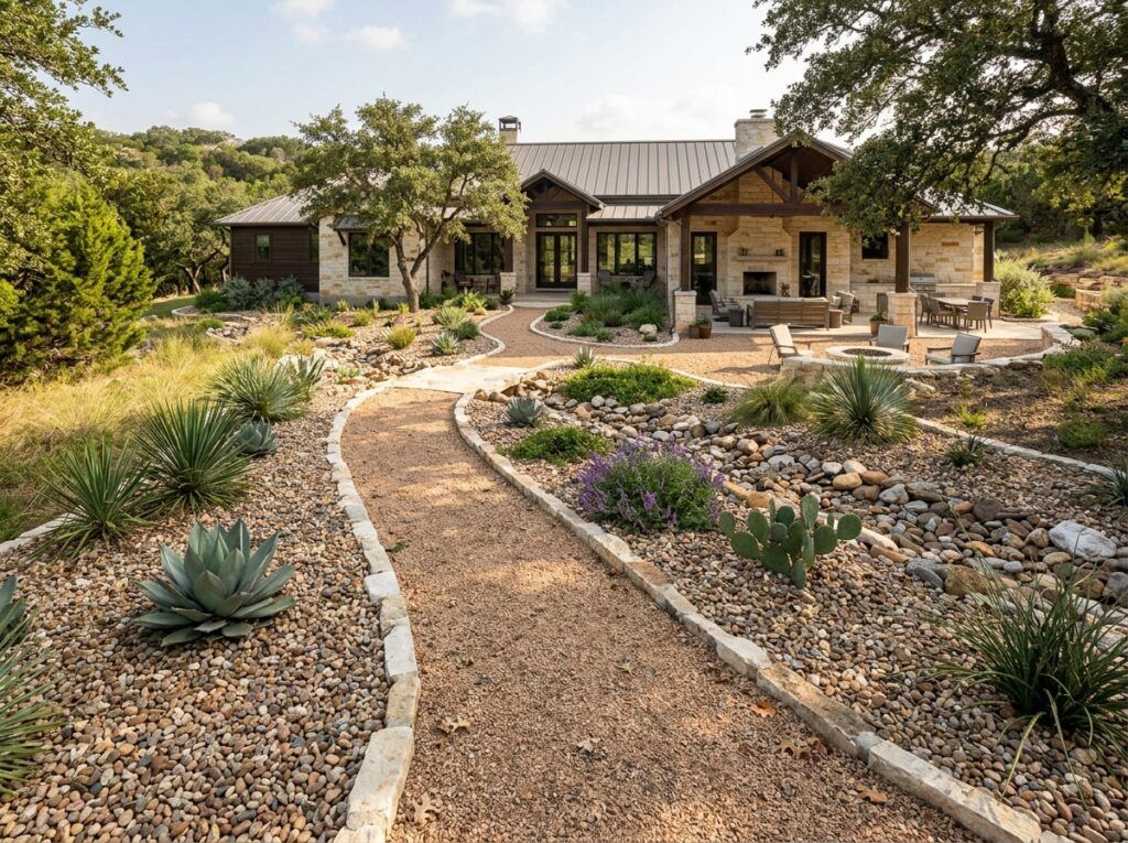Colorado Pea Gravel ground cover spread in a landscape bed, showing small tan and gray rounded stones.