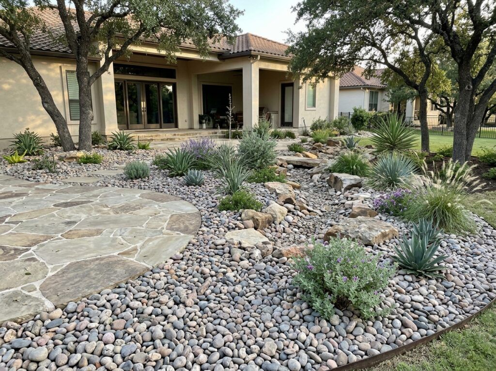 Colorado River Rock river rock ground cover spread around shrubs in a landscape bed, smooth tan and gray stones.
