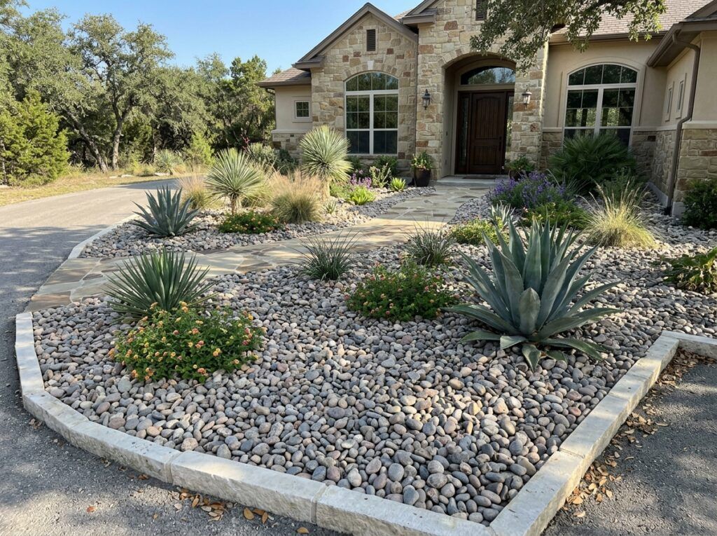 Colorado River Rock river rock ground cover spread around desert plants with smooth tan and gray stones.