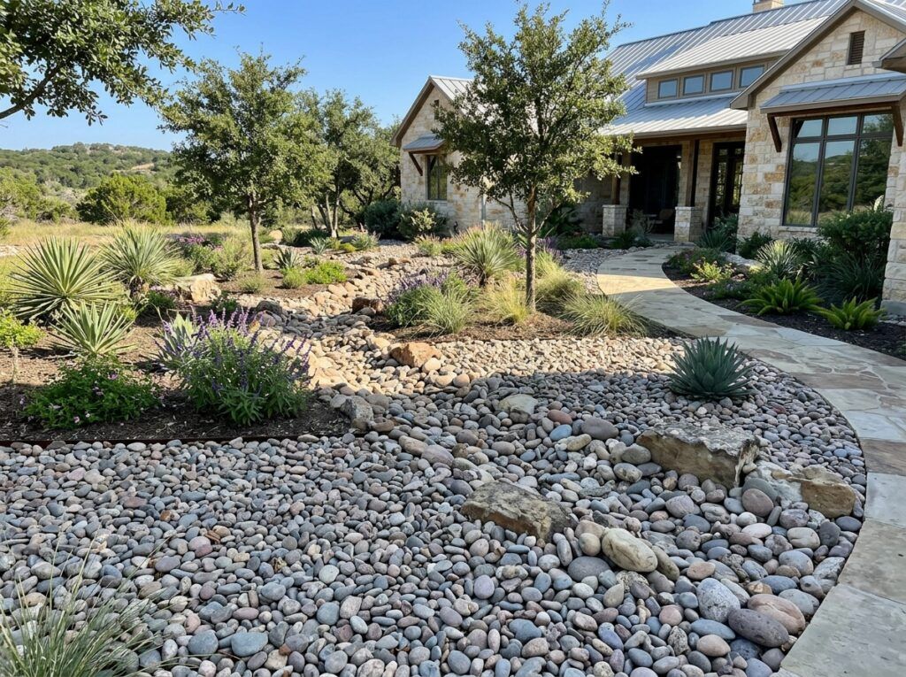 Colorado River Rock river rock ground cover spread in a landscaping bed with mixed tan and gray rounded stones.