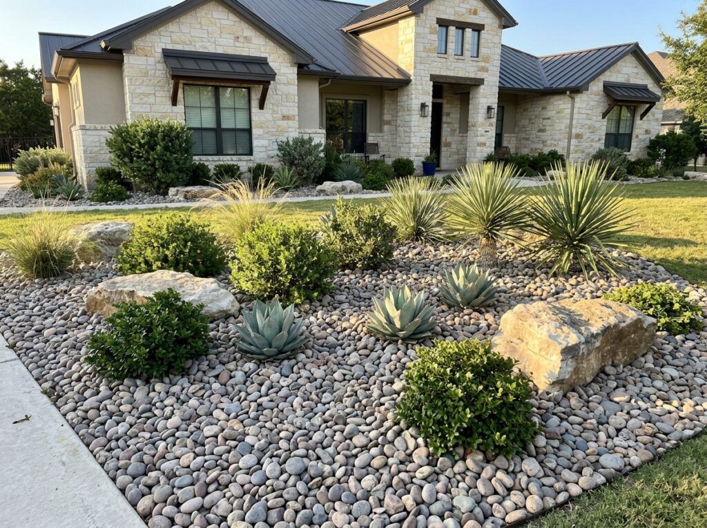 Colorado River Rock ground cover in a landscaped bed, smooth mixed tan and gray stones spread around plants.