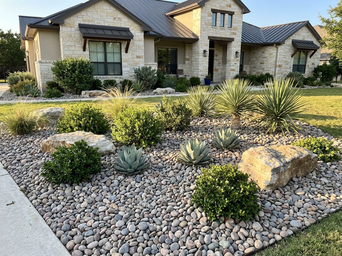 Colorado River Rock ground cover in a landscaped bed, smooth mixed tan and gray stones spread around plants.